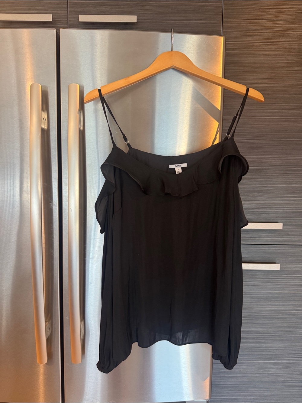 Bar III Black Ruffled Cold-Shoulder Spaghetti Strap Top
